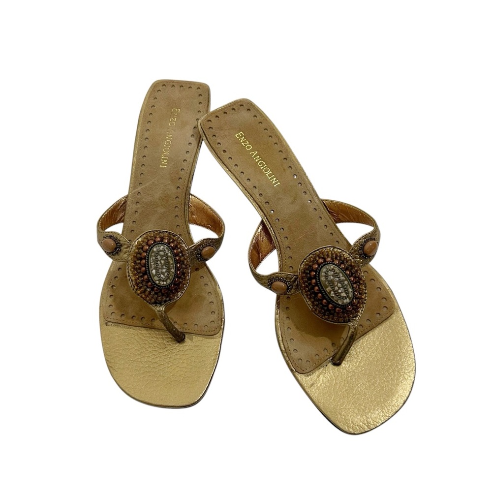Enzo Angiolini Size 7 1/2 Metallic Copper T-Strap Slip On Kitten Heel Sandals